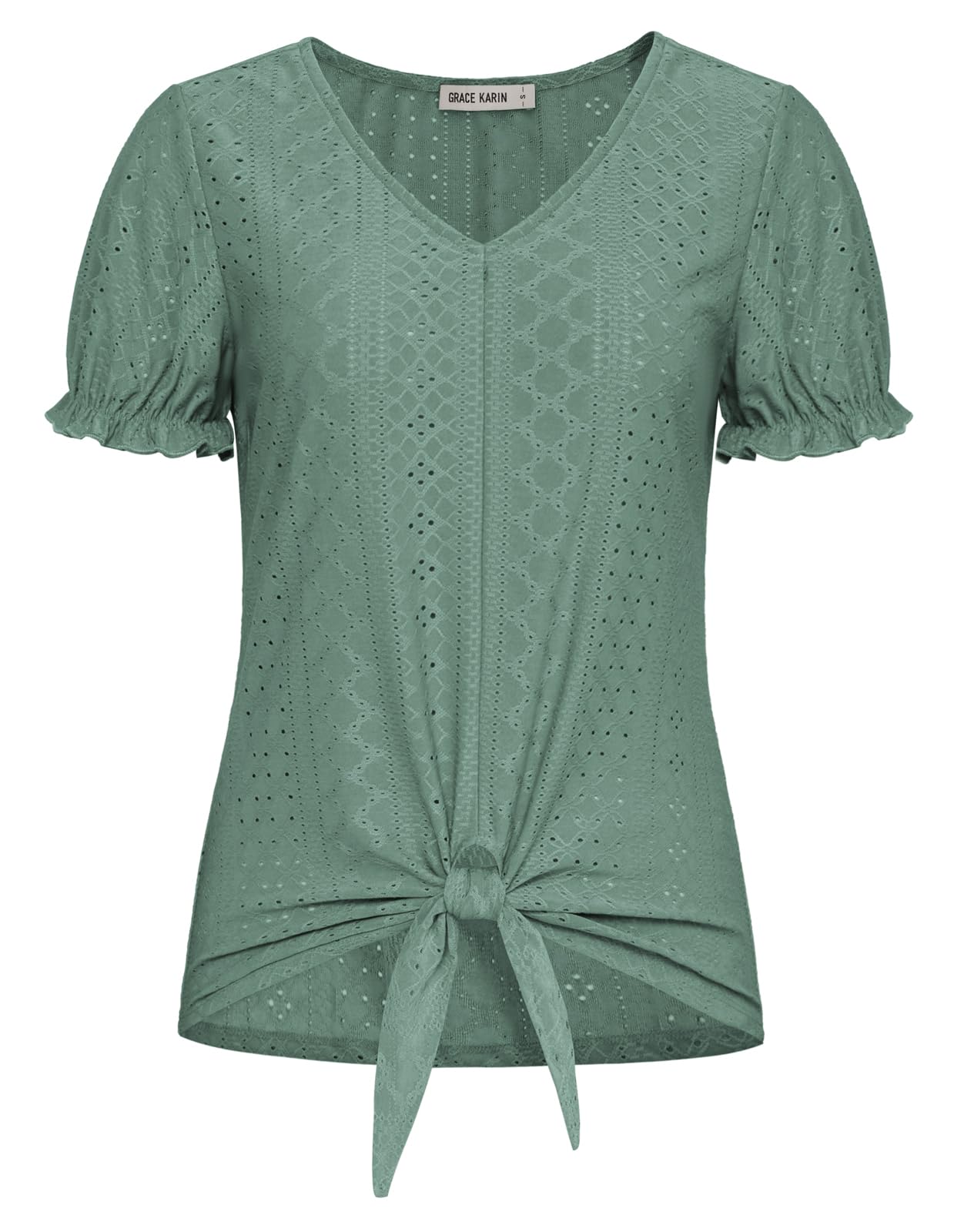 GRACE KARIN Women's 2025 Summer Dressy Casual Short Sleeve V Neck T Shirts Eyelet Blouses Tie Front Tops