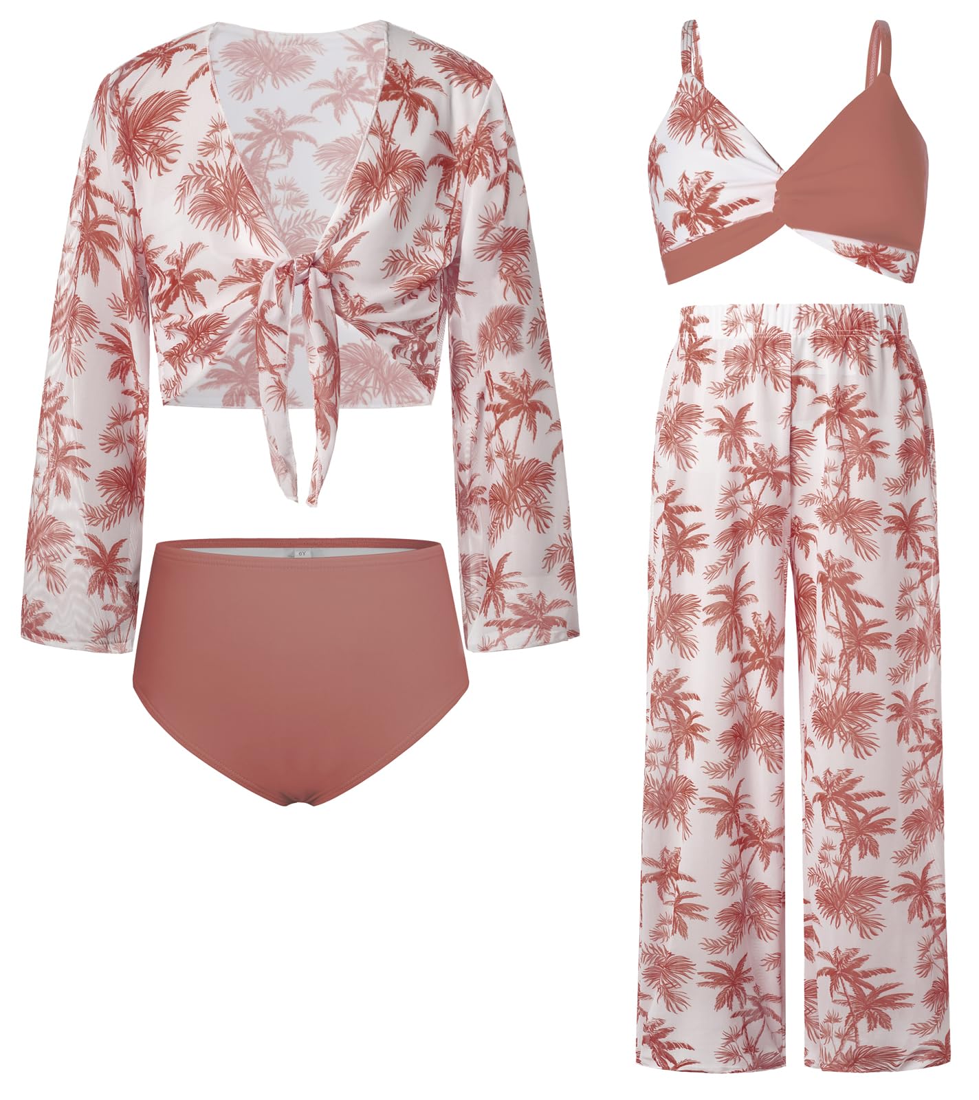 GRACE KARIN Girls 4-Piece Swimsuit Set - Long Sleeve Bikini With Kimono Cover Up Pants