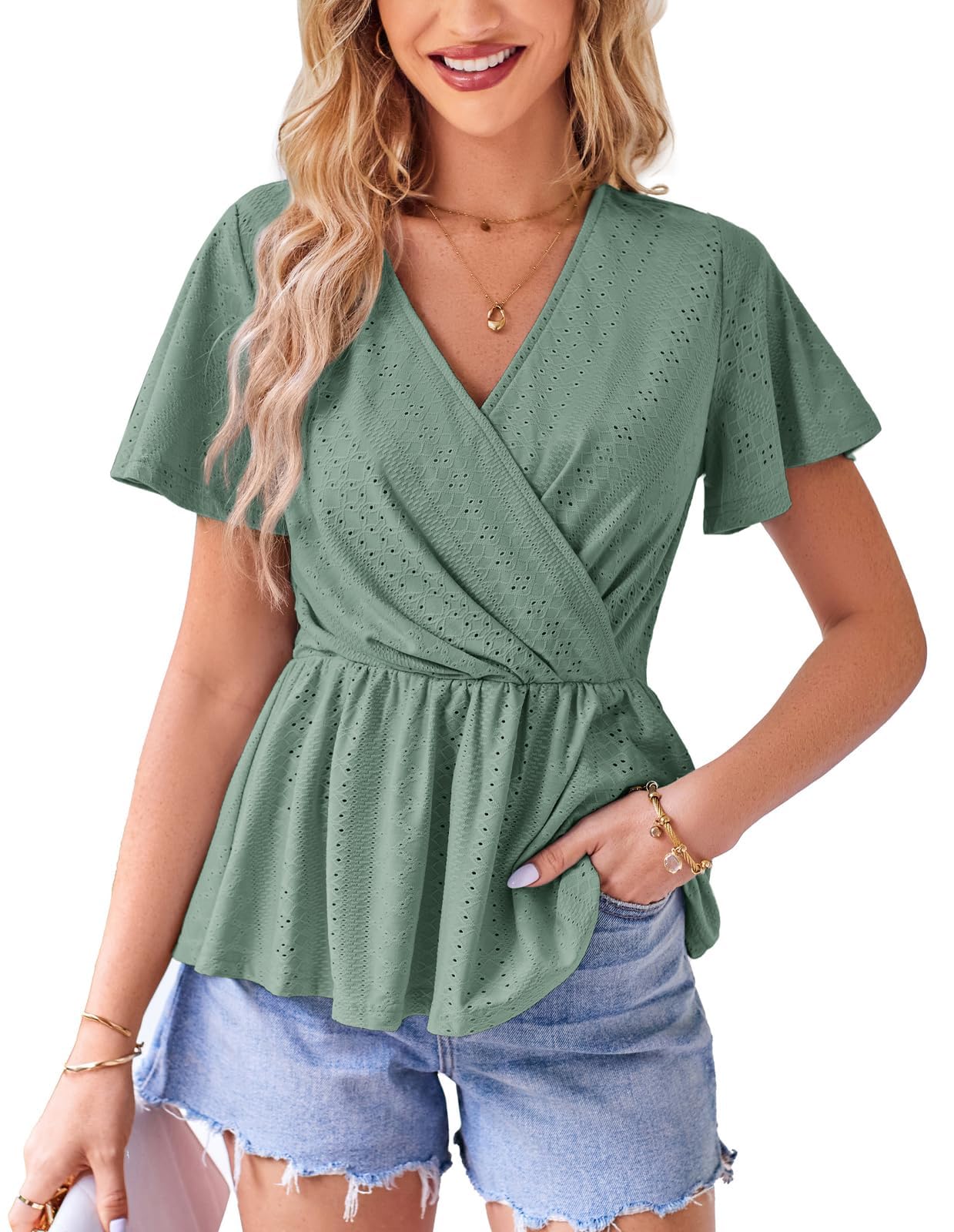GRACE KARIN 2025 Womens Summer V Neck Eyelet Top Ruffle Sleeve Peplum Casual T Shirts
| GRACE KARIN 2025 Summer Women's