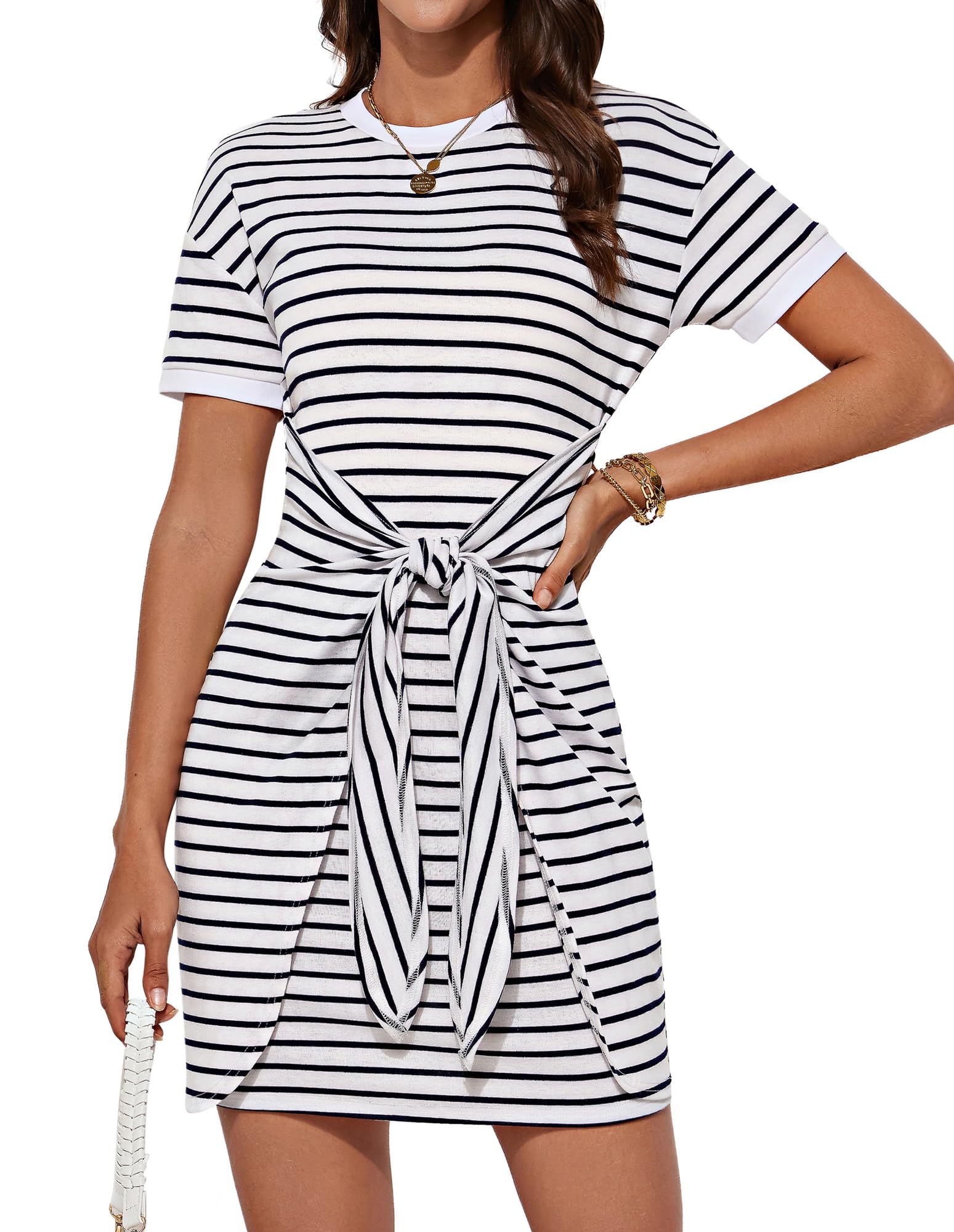 Grace Karin Women's Striped Front Tie Crewneck Short Sleeve Wrap Mini Dress
| Grace Karin Women's Casual Striped Short
